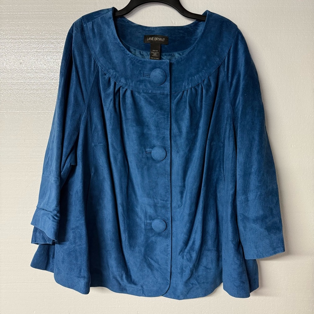Lane Bryant 100% Suede Leather Jacket Women 26 Blue Oversized Button 3/4 Sleeves